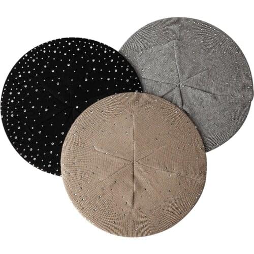 Women Rhinestone Solid Color Elegant Ladies Berets Knitted Retro Vintage Plain Beret Bonnet Temperament Warm Elegant Caps