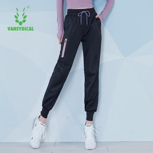 VANSYDICAL Jogging Pant Women Black Running Sport Gym Long Bottoms with Zipper Pocket Drawstring Workout Training Trouser Female