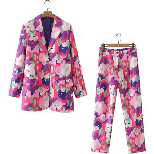 Ladies 2021 New Fashion Print Double Button Suit Retro Long Sleeve Plus Printed Suit Trouser Pocket Chic Womens Suit Hot Sale