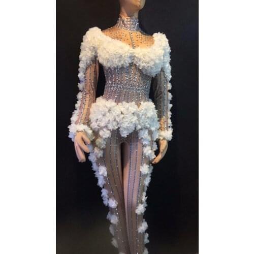 White Flowers Spandex Big Stretch Rhinestones Jumpsuit Womens Sexy Bodysuit Costume Stage Dance Outfit Performance Rompers