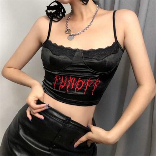 Gothic Summer Sexy Sleeveless Crop Tops Women Punk Style Spaghetti Strap Letter Embroidery Lace Cami Female Clothing