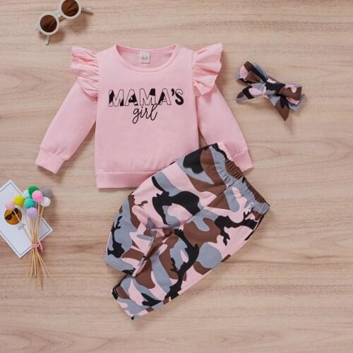 1-5 Years Autumn Set Baby Girls Clothes Letter Print Long Sleeve O-neck Pullover + Camouflage Trousers + Bow-knot Headband