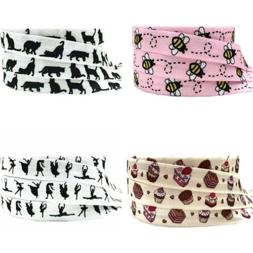 10 Yards 15mm Bee Polka Dot Cake Ballet girl print Fold over elastic Stretchy band DIY girls hair ties headband accessories