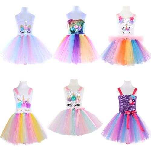 2020 Unicorn Rainbow Sequined Tutu Dress Happy Purim Baby Girls Birthday Party Dresses Halloween Costume for Kids Anime Cosplay