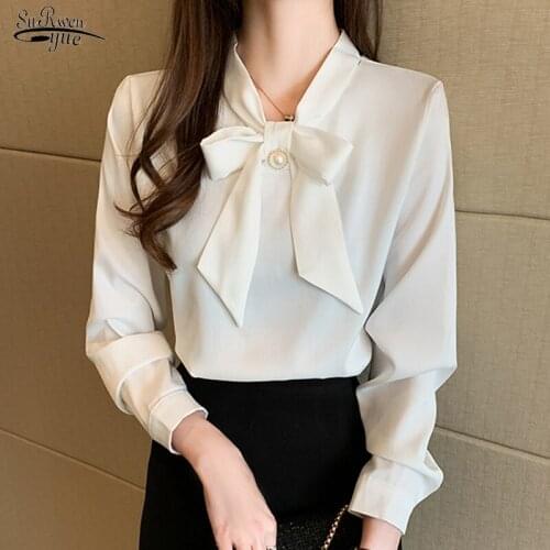 2021 Autumn New Bow Satin Long-Sleeve Shirt Women Office Lady Solid Beading Women Blouse Plus Size Pullover Ladies Tops 10496
