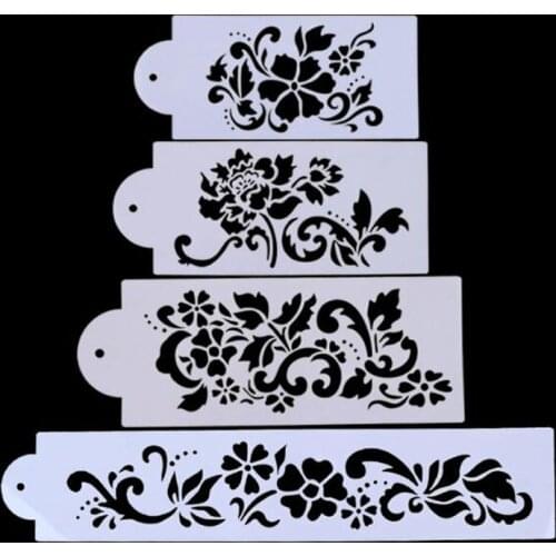 4pc/Set Stencil Bullet Journal Reusable Openwork Flower Lace Cake Mold Plastic Flowers Around The Edge Mould Decorative Template