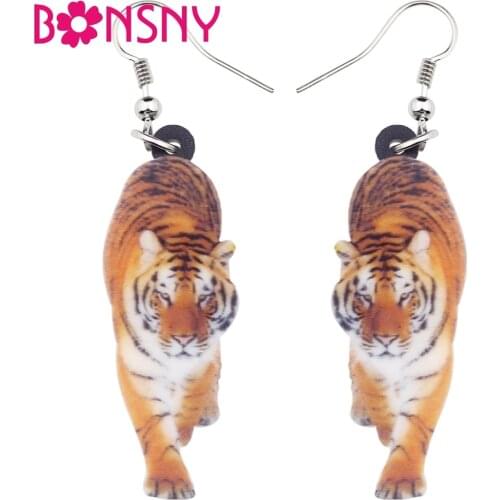 Bonsny Acrylic Elegant Walking Tiger Earrings Big Long Dangle Drop Novelty Jewelry For Women Girl Ladies Jungle Animal Original