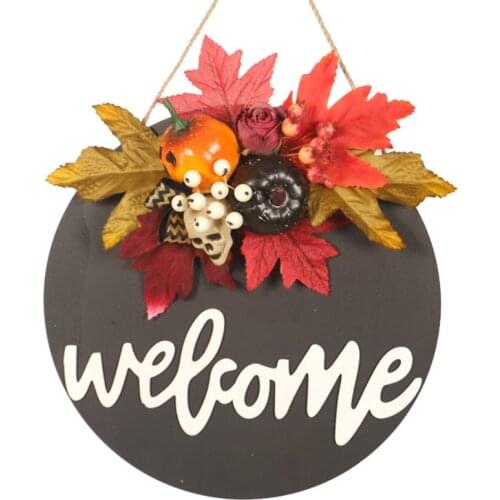 Halloween Wooden Front Door Sign Skull Pumpkin Realistic Maple Leaf Pendant Round Wreath Ornaments Porch Hanger Decor