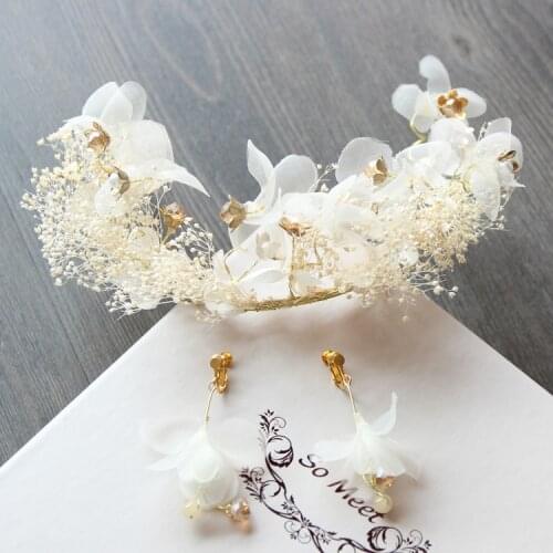 Korean bride silk yarn Hoop Earrings Set sweet pink flower small fresh hay wreath wedding hair accessories