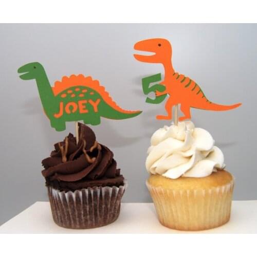Custom name and age Dinosaur Cupcake Toppers birthday wedding bridal baby shower toothpicks engagement food pick