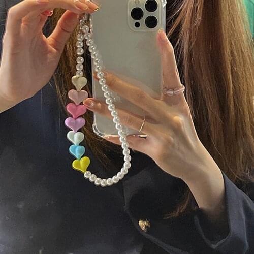 Korea New Macaron Colorful Resin Heart Flower Pearl Acrylic Beaded Phone Chain Strap for Women Charm Phone Lanyard Accessories