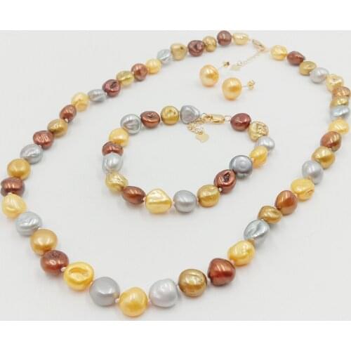 NICE COLORFUL PEARL JEWELRY SET,100% FRESHWATER PEARL NECKLACE &BRACELET&EARRING,8-9 MM BAROQUE PEARL.925 silver HOOK
