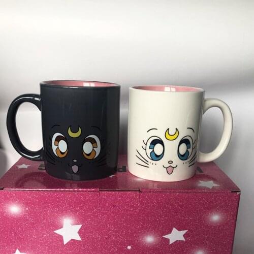 Creative Trend Moon Cat Expression Cup Cute Pet Kitten Ceramic Coffee Milk Cup Couple Black and White Cup Set Home Birthday Gift