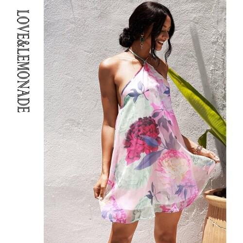 LOVE&LEMONADE Sexy Halter Neck A-Line Pink Flower Print Chiffon Beach Mini Dress LM83487