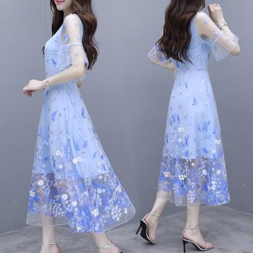 Fashion Blue Dresses Sukienki Summer Embroidery Flowers Gauze Short Trumpet Sleeve Long A-line Plus Size Vestidos 3561