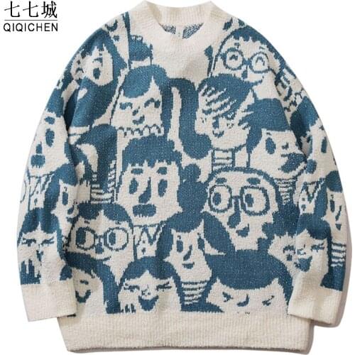 Mens Hip Hop Knitted Sweaters Cartoon Funny Boy Print Streetwear Harajuku Autumn Fashion Casual Loose Jumper Pullovers Unisex