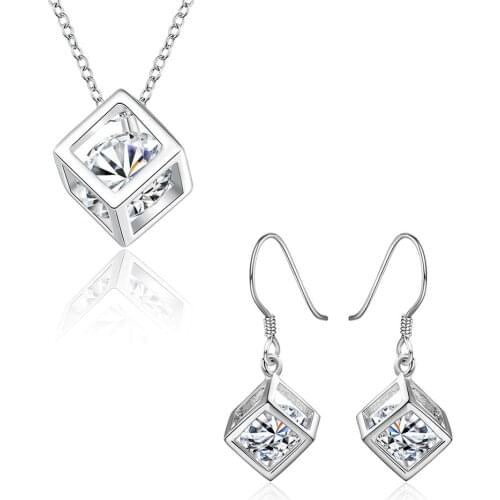 New 925 Silver Jewelry Set Silver Zircon Crystal Square Necklace Earring Set For Woman Charm Jewelry Gift