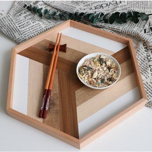 Nordic Style Hexagonal Wooden Tray Storage Tray Simple Geometric Tray Food Plate Fruit Cake Platter Dinner For Home Serving Tray