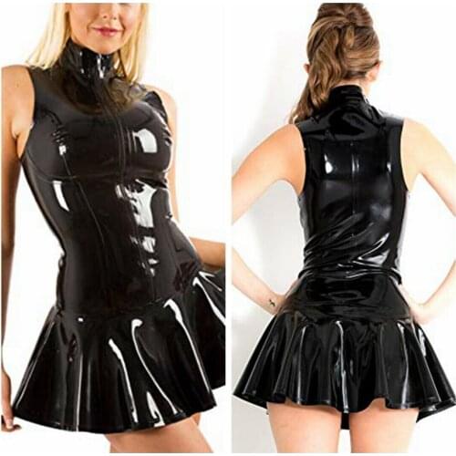 Handmade Sleeveless Black Latex Rubber Dress Clubwear with Front Zipper