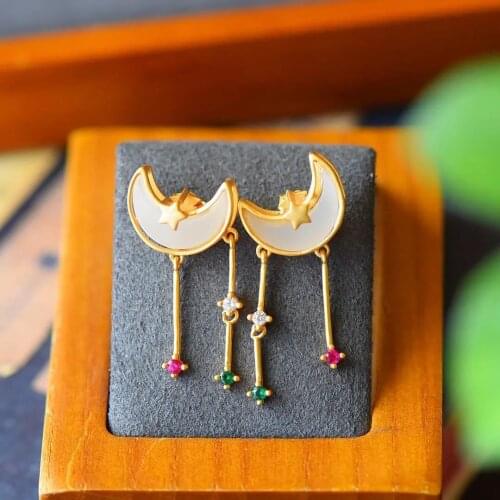 New natural Hetian jade star moon original design inlaid zircon white earrings beautiful and cute silver jewelry for girls