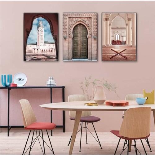 Nordic Landscape Wall Art Poster Pink Church Gate Canvas Painting Modern Mosque Decorative Picture For Living Room Home Decor