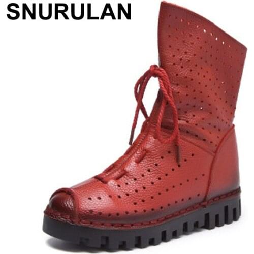 SNURULAN fast shipping women 2017 spring autumn fashion genuine leather handmade low heel shoes short boots female