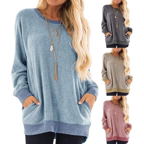 Womens Round Neck Contrasting Color Pocket Sweatshirt Long Sleeve Pullover Sweatshirt Casual Shirt Sweatshirt Hoodies Women Bts