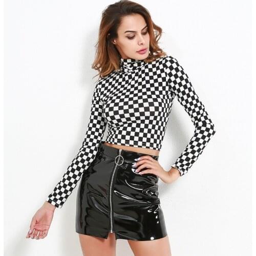 2021 Ladies' high-collared plaid street versatile base slim-fitting long sleeve T-shirt