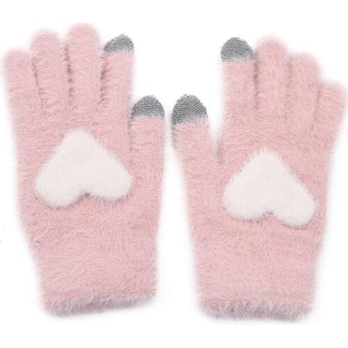 Women Pink Gloves Fluffy Plush Gloves Winter Full Finger Gloves Love Heart Thick Mittens Girls Warm Touch Screen Glove