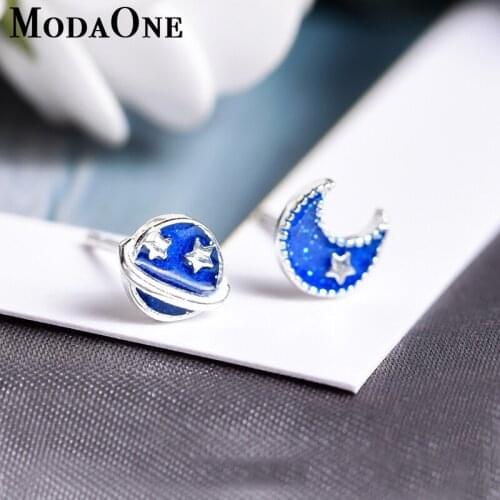 ModaOne 925 Sterling Silver Blue Planet Moon Cosmic Stud Earrings For Women Fresh and Lovely Gift Jewelry For Girl oorbellen