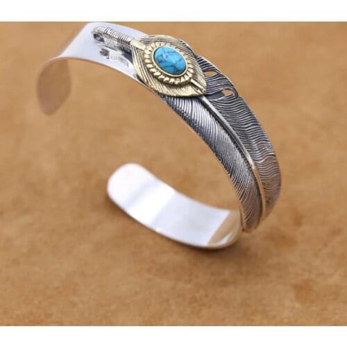 Solid 925 Sterling Silver Turquoise feather fashion Women Men Retro Cuff Bangle Bracelet gift jewelry A4631