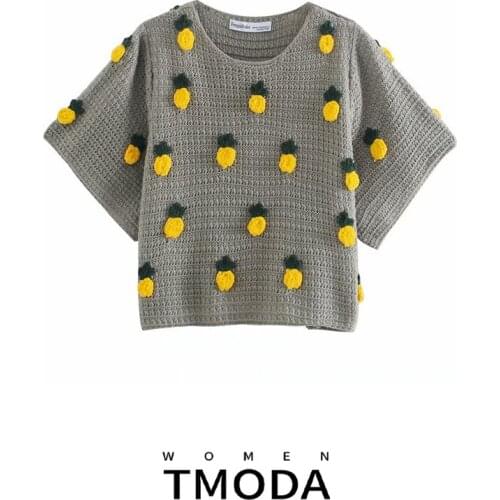 TMODA808 Women 2021 Fashion Pineapple Pattern Knitted Sweater Vintage O Neck Short Sleeve Female Pullovers Chic Tops