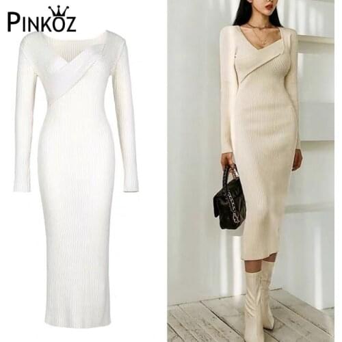 Pinkoz Winter Elegant Long Sweater Dress Women Sexy Slim Square Collar Knit Midi Dress Woman Long Sleeve Bodycon Dresses Mujer