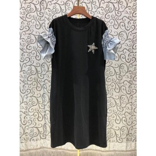 2021 Summer Fashion Long T-Shirt Dress High Quality Women O-Neck Denim Patchwork Beading Deco Casual Black Cotton Dress Vestido