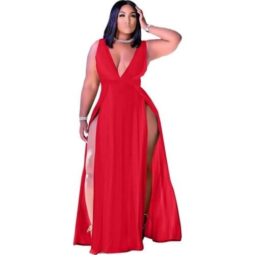 2021 Sexy Plus Size Dress Womens Summer Solid Color Deep V-neck Sleeveless Personalized Split Hem Long Personalized Dress New