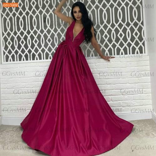 Simple Fuchsia Evening Gowns For Women 2021 robe de soirée de mariage Satin A Line Party Dresses Sexy Backless vestidos de festa