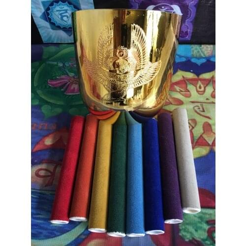 Alchemy golden crystal singing bowl goddess Isis carved perfect G# thyroid chakra or A third eye chakra about 7.25"