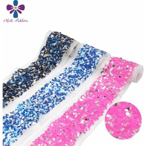 3"75mm Scatter Sequin Tape (Back Side with Tulle, 9.5cm Width Added 1cm Edge both side) 25.5yards/Pack (3*8.5y/roll) Navy Blue