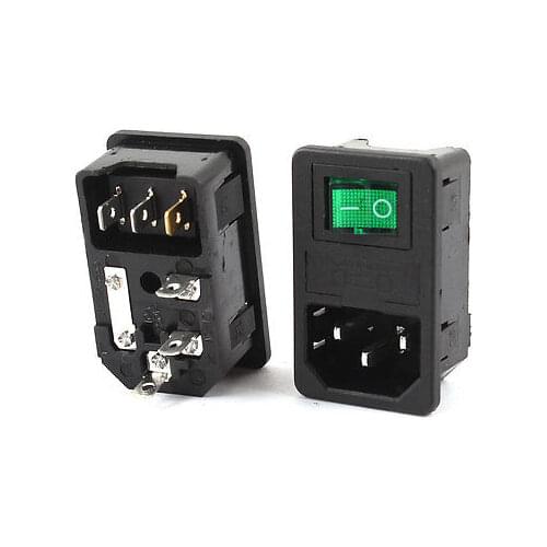 AC250V 10A SPST Green Lamp Rocker Switch IEC320 C14 Inlet Socket w Fuse 2 Pcs