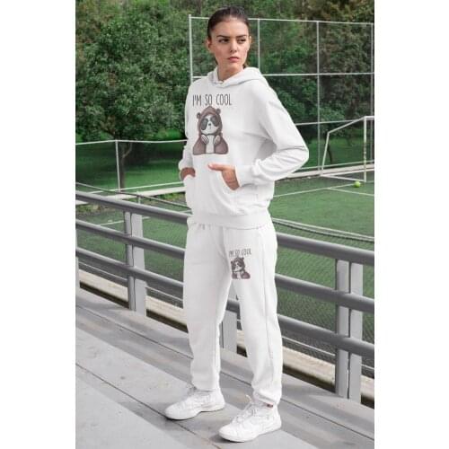 Angemiel Wear I Am So Cool Women Tracksuit Set White Hooded Sweatshirt White Sweatpants