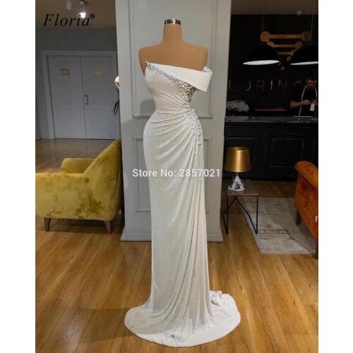 Arabic Muslim White Evening Dresses Mermaid Long Prom Dresses Women Party Night 2020 Pearls Cocktail Dresses Vestidos Formales