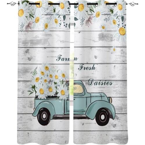 Daisy Truck Idyllic Wood Texture Kitchen Curtains Bedroom Decor Items Curtain Panel Window Curtains for Living Room