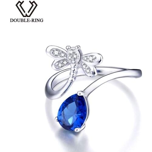 DOUBLE-R 925 Sterling Silver Created Sapphire Gemstone dragonfly Rings for women