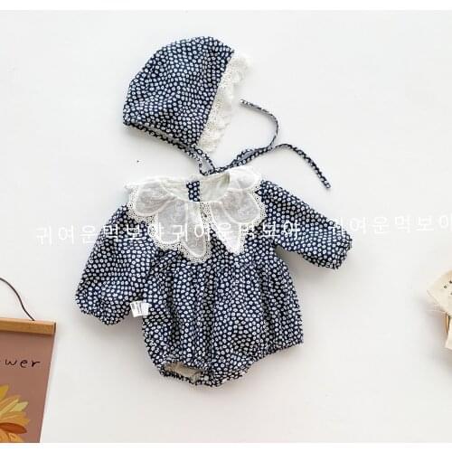 2021 Autumn New Baby Korean Style Baby Rompers Lace Polo Collar Pure Cotton Jumpsuit with Hat Floral Romper