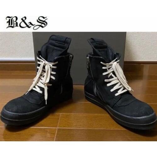 Black& Street cowhide suede leather Lace Up zipper Trainer sneakers dunks Boots real Picture rock street Hip Hop Shoes