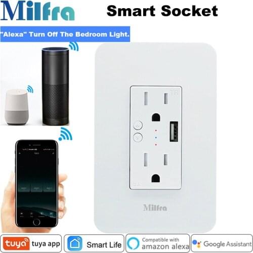 Milfra Wifi Smart Socket Neutral Wire Required 5V USB Charge US Wall Power Outlet for Goolge Assistant Alexa Tuya Smart Life