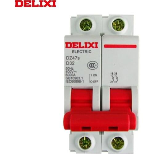 DELIXI Miniature circuit breaker MCB DZ47S 6KA 2P type D 1A 2A 3A 4A 6A 10A 16A 20A 25A 32A 40A 50A 63A
