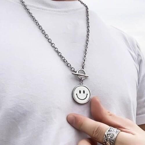 Cool Boy Hip Hop Rotating Smiley Couple Face Double Faced Expression Necklace for Women Street Kpop Necklace Pendant Necklace