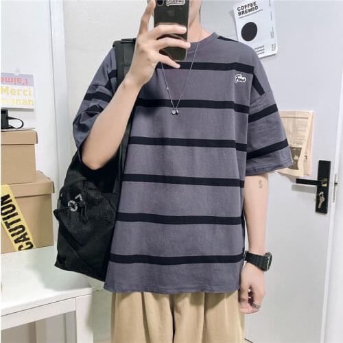 Summer Striped Short-sleeved T-shirt Male Loose Oversized Round Neck Korean Style Harajuku Mens Clothing Cotton Top Women