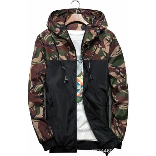 Camouflage Style Mens Hooded Waterproof Jacket Spring and Autumn Male Camouflage Zipper Hooded Jacket Fashion Hit Color Coat